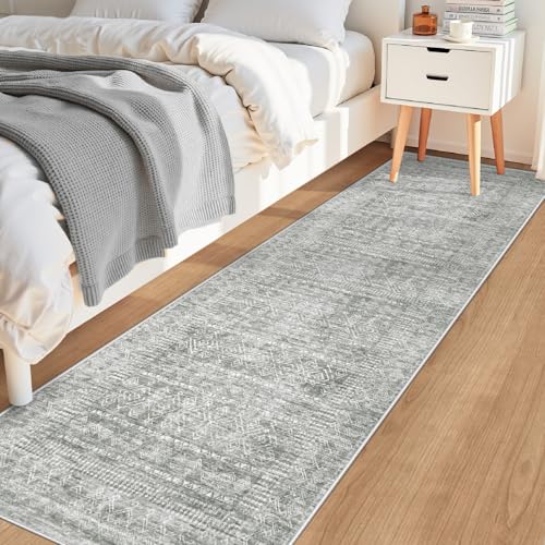 2x8 Washable Runner Rug: Moroccan Geometric Boho Rug Farmhouse Non Slip Stain Resistant Rugs Low Pile Soft Carpet for Porch Kitchen Laundry Room Living Room Bedroom (Grey,2'x8') - color: Grey, size: 2' x 8' (Rectangular)