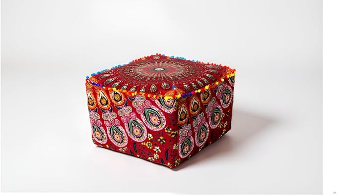 CRAFT KALA Large Hippie Mandala Meditation Floor Ottoman Pillow Cushion Pouf Cover Square Poufs Cover Bohemian Circle Floor Cushion Case Outdoor Fireplace Living Room Decor 22X22X14 inches, Red Mirchi