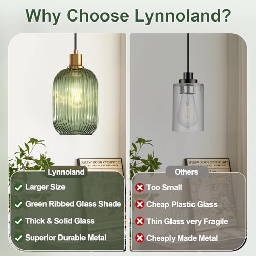2 Pack Pendant Lights with Vintage Green Ribbed Glass Lampshade, Adjustable Brushed Gold Pendant Lights Fixtures for Kitchen Island Lighting Sink, Dining & Living Room Hallway (Bulbs Not Included) - color: 2 Pack Brushed Gold + Green Glass