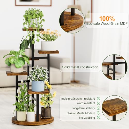 5 Tier Wood Plant Stand Indoor Outdoor, Wood Tall Plant Rack, Heavy Duty Wrought Iron Flower Pot Stand, Planter Display Rack for Living Room Balcony Garden Patio - BlackSquare - color: BlackSquare, size: 5-tiers