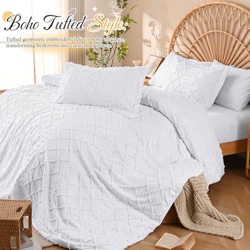 Manyshofu 5Pcs Boho Full Duvet Cover Set - Tufted White Duvet Cover Pattern, Shabby Chic Boho Bedding Set Textured Comforter Covers with Embroidery Pillow Shams
