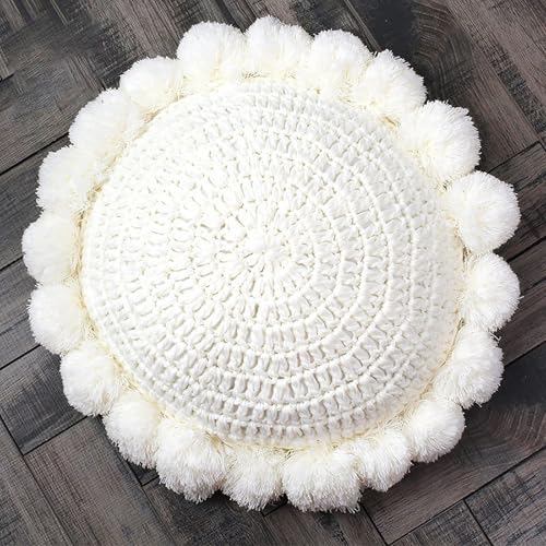 Byitre Bohemian Round Pillow 20 Inch | 100% Cotton Decorative Pillow Hand Tufted with Chunky Textured Poms | Boho Throw Pillow for Bed or Couch | Natural Beige Throw Pillow - color: Sunflower Beige