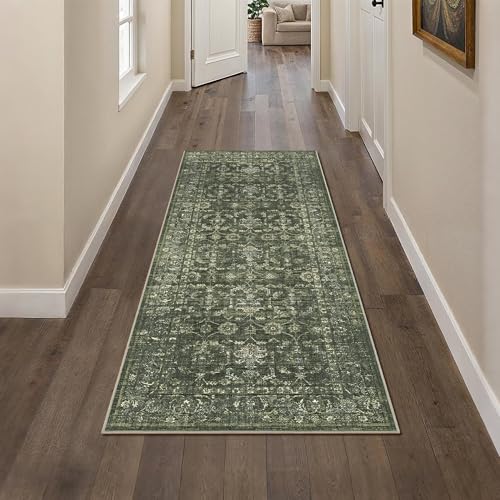 2x5 Green Runner Rug Hallway Washable Area Rugs Kitchen Vintage Boho Non Slip Long Rug Floral Carpet Indoor Retro Soft Low Pile Throw Rug for Bedroom Bathroom Laundry Dining Living Room Office - color: Dark Green, size: 2' x 5' (Runner)
