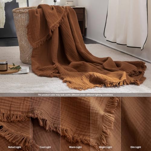 FOSSA Muslin Blanket with Fringe - 4-Layer 100% Cotton Gauze Super Soft & Breathable Throw -Lightweight Decorative Cooling Blanket for Bed, Sofa, Office -Oversize Queen Size 98" × 98" (Dark Orange) - color: Dark Orange, size: Oversize Queen (98" × 98")