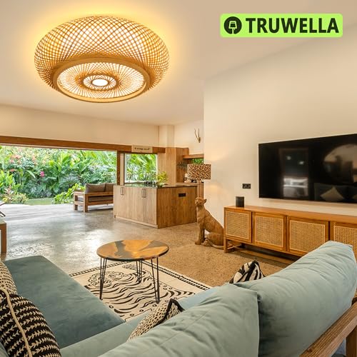 19.7 in Bamboo Woven Rattan-Style Ceiling Light, Boho Ceiling Light Fixture with Remote, LED Dimmable Ceiling Light, Boho Light Fixture for Bedroom Living Room Dining Room Light - size: 19.7in