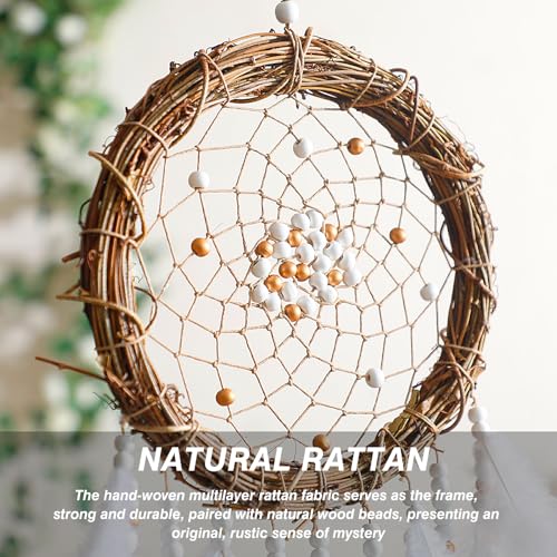 Dream Catcher Native American Boho Dreamcatcher White Wall Decor, Handmade Rattan Natural Goose Feathers Wall Hanging Art Piece Indian Room Decor for Bedroom Living Room Wedding - color: White