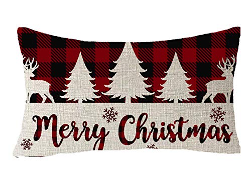 Classic Retro Christmas Red Black Green Yellow Christmas Tree Snowflakes Plaid Buffalo Checkered Plaid Lattice Cotton Linen Decorative Throw Pillow Cover Cushion Case 12x20 inches - color: Red Checker