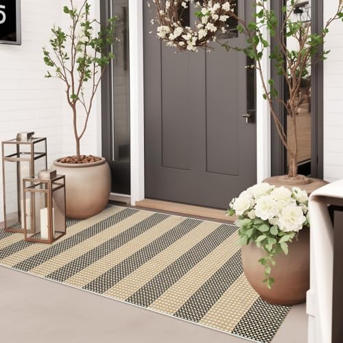 Striped Outdoor Front Door Mat 24"x51", Cotton Hand Woven Rug Indoor Doormat Washable Black and Tan Rug Runner, Foldable Front Door Rugs for Entryway/Farmhouse/Home Entrance - color: Black and Tan, size: 2'x4.3'