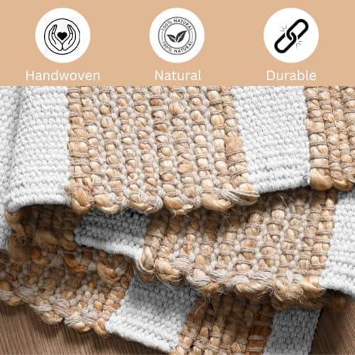 Area Rug Farmhouse 3x5 Feet - Hand Woven Jute Cotton Rug Bohemian Rustic Vintage - Non Slip Floor Rug for Bedroom Living Room Kitchen Dorm Entryway Hallway - Area Rug Natural White - color: Natural White, size: 3'x5'