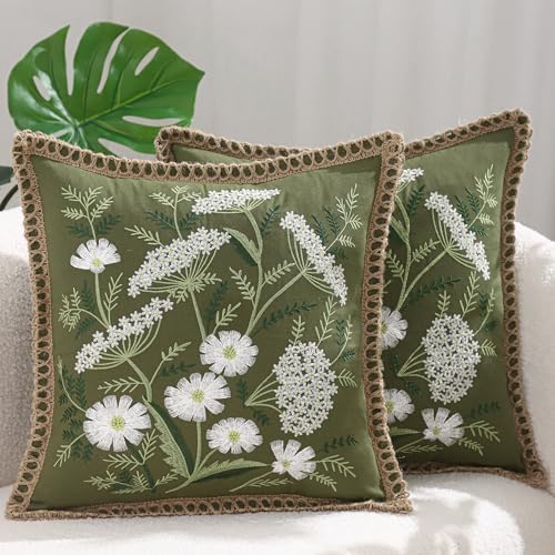 LUOYEHK Green Embroidered Throw Pillow Covers 18x18 Inch Set of 2 White Daisy Flower and Hydrangea Decorative Pillow Covers with Jute Rope Summer Pillowcase Cushion Cover for Couch Sofa Bed Home Decor - color: Green White Flower