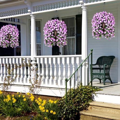 Artificial Hanging Daisy Flowers Plants Baskets for Outdoor Decoration, Fake Silk Light Fuchsia Mums Orchid Trailing Vines in Planter Realistic UV Resistant for Balcony Porch Decor - color: Fuchsia and Light Fuchsia