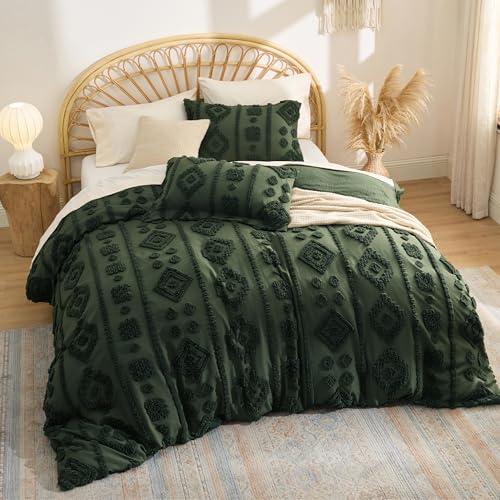 Bedsure Boho Tufted Green Comforter Set Queen Size, GentleSoft™ 3 Pieces Boho Farmhouse-Style Decor Bedding, Exquisite Bedding for All Seasons, 1 Bed Comforter, 2 Pillow Shams, 90x90 Inches - color: 03 - Distressed Vintage Dark Green, size: Queen (90" x 9