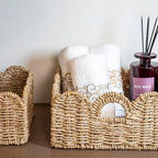 Scalloped Basket 2 Pack Wicker & Rattan Storage with Built-in Handles, Decorative Woven Seagrass Basket for Nursery & Bathroom Organization