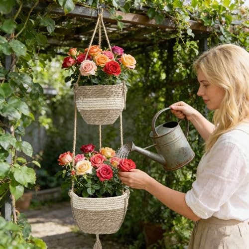 Double Layer Woven Hanging Planter, Boho Style Hanging Flower Basket, 2-Tier Macrame Holder for Indoor Home Garden Living Room Balcony Porch (Color A) - color: Color a