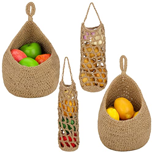 Xuhal 4 Pcs Hanging Basket, Jute Hanging Baskets for Kitchen, Boho Onion Wall Basket, Handwoven Fruit Potato Garlic Storage Home Vegetable Holder(Classic Style,Khaki)