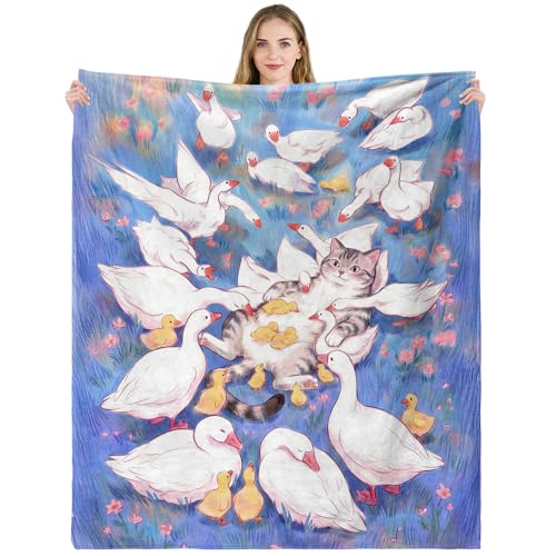 Neasow Cute Cat and Goose Throw Blanket, Whimsical Funny Pastoral Farm Meadow Flannel Blanket, Super Soft for Couch Dorm Sofa Room, Unique Gift for Kids Teens Adults, 50×60 inch - color: Cat and Goose, size: 60"L x 50"W