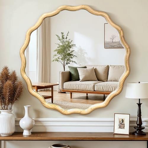 Circle Wood Mirrors for Wall, Wavy Round Bathroom Scalloped Mirror Wooden Frame 30 Inch for Living Room Farmhouse Bedroom Hallway Entryway Living Room with Shatterproof Glass Wall Mounted - size: 30"L x 30"W