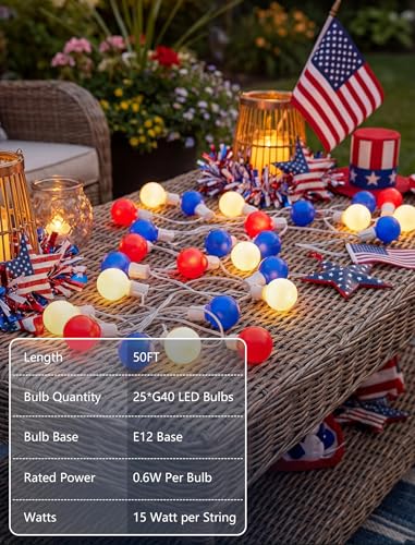 SUNSGNE Red White Blue 4th of July Patriotic Decorative Lights 50FT Outdoor String Lights with 27 G40 LED Bulbs(2 Spare) for Outdoor Indoor Holiday, Party, Independence Day Decor - color: Frosted Red White Blue, size: 50FT