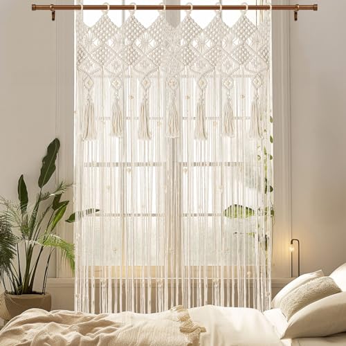 BECHAEO Boho Macrame Beaded Curtain Handmade Door String Curtain for Doorway Window Cotton Tassels Beads Hanging Room Divider Hallway Closet Bedroom Living Room Decor, White - 2 Panels 35" W x 79" L - size: 35"W x 79"L (Pack of 2)