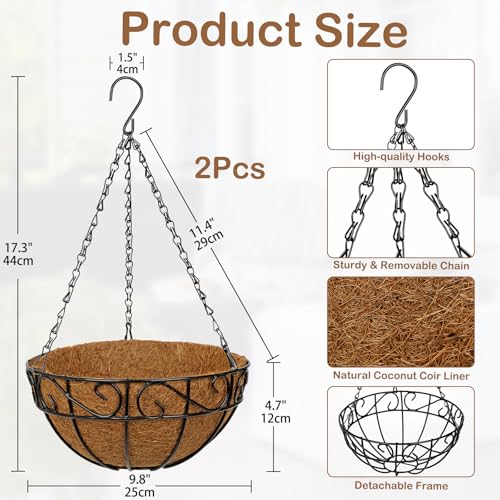 2 Pack 10 inch Metal Hanging Baskets for Plants, Round Metal Wire Hanging Basket Planter with Coco Fiber Liners Chain for Garden Home Porch Patio, Flower Border - size: 10" x 2 Pack, style: Flower Border