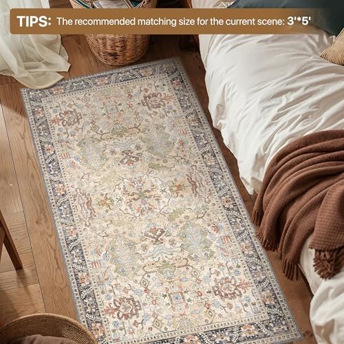 Bavni Bedroom Rug Runners for Hallways, Washable Runner Rug 2x10, Low Pile Non-Slip Indoor Throw Carpet for Bedroom Laundry Room, Ivory/Teal - color: Ivory/Teal, size: 2' x 10' (Rectangular)