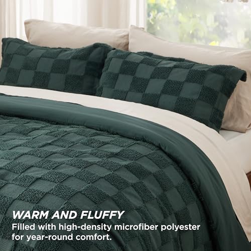 Bedsure Twin/Twin XL Comforter Set Emerald, Boho Tufted Bed Set, Checkered Farmhouse-Style Distressed Vintage Bedding, 2 Pieces, 1 Plaid Geometric Comforter and 1 Pillow Sham - color: 02 - Emerald - Tufted Checkboard, size: Twin/Twin XL