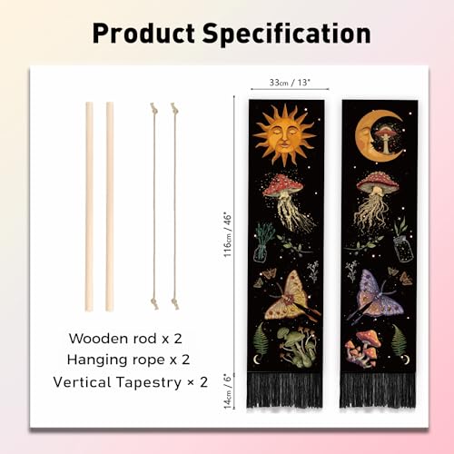 PLIGREAT 2 Pack Mysterious Art Mushroom Tapestry Vertical Boho Sun Moon Wall Hanging with Tassels Aesthetic Wall Tapestry for Bedroom Bathroom Living Room Long Narrow Wall Hanging Home Art Decor - color: Yellow and Purple