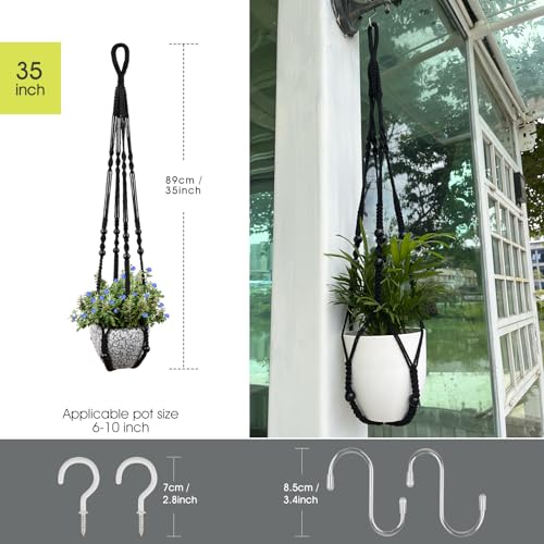 RIFNY Macrame Plant Hanger for 5 to 10 Inch Plant Pots, 35 Inch Indoor Handmade Woven Rope Hanger Kits with Hooks and Wood Beads, Hanging Planter Basket Holder for Boho Home Decor (Black, 3 Pack) - color: Black, size: 35 Inch 3 Pack