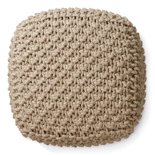 Casafield Square Pouf Ottoman, Beige Ivory - 18.5" W x 18.5" D x 14.5" H Cotton Knit Foot Stool - Boho Floor Pouffe for Living Room, Bedroom, Office - color: Beige Ivory, size: 18.5"D x 18.5"W x 14.5"H