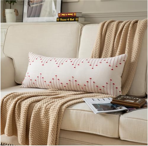 Caflife Christmas Lumbar Pillow Cover 14x36 Long Pack of 1 Decorative Pillows Bed, Beige with Red Body Throw Pillow Covers, for Modern Farmhouse Sofa Bedroom Living Room Home Decor Couch Pillowcase - color: Red Beige, size: 36" x 14" (Pack of 1)
