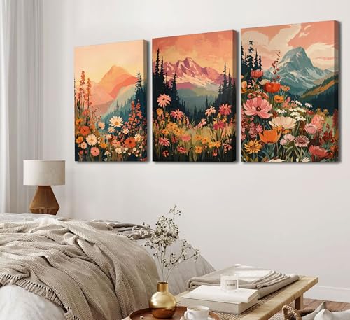 3Pcs Boho Mountain Canvas Wall Art Vintage Wildflower Mountains Poster Prints Abstract Nature Sunset Landscape Picture Botanical Paintings Artwork Wall Decor for Living Room Bedroom 16x24in Framed - color: Boho, size: 24"L x 16"W