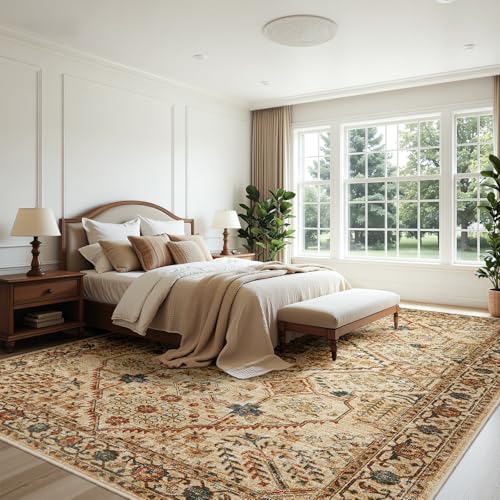 Joydeco 8x10 Area Rugs for Living Room, Non Slip Machine Washable Vintage Rug, Low Pile Chenille Print Rugs for Bedroom, Dining Room, Home Office, Pet & Child Friendly, Tan - color: Tan, size: 8' x 10' (Rectangular)