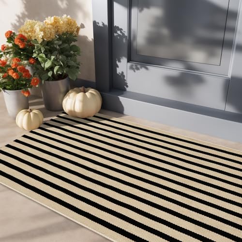 LEEVAN Black and White Outdoor Rug 2x4.3, Outside Entrance Door Mat, Washable Welcome Layering Rugs Farmhouse Front Porch Mats Outside Striped Layered Front Doormat for Porch/Entryway - color: Black and Tan, size: 2' x 4'3" (Rectangular)