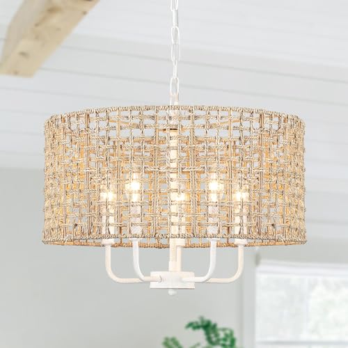 Rattan Chandelier 5-Light Farmhouse Boho Pendant Light Fixture for Dining Room Brown and White Woven Chandeliers for Ceiling Light,Bedroom,Living Room,Foyer,Kitchen Island,Coastal,Stairway,Hallway - color: 5-light White and Brown