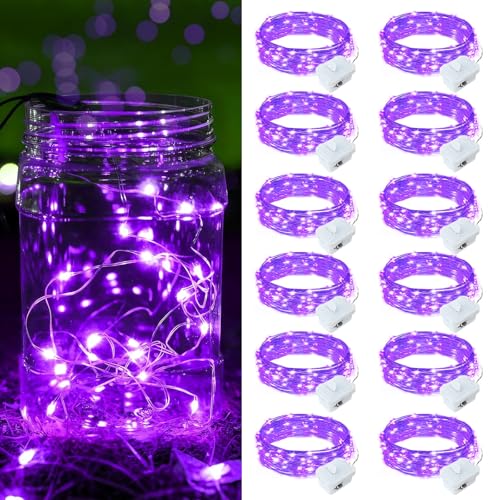 12 Pack Purple Fairy Lights Battery Operated, 7ft 20 LED Mini String Twinkle Lights for Easter Christmas Halloween Mason Jars Centerpiece Table Decorations (12, Purple) - color: Purple