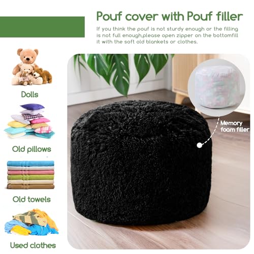 HIGOGOGO Round Stuffed Pouf Ottoman, Long Faux Fur Poufs with Foam Chunk Filling, Fluffy and Furry Pouf Foot Stool Storage Ottoman, 20 X 15 Floor Poufs Foot Rest for Living Room, Black - color: Black, size: 20"D x 20"W x 18"H