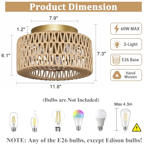 Rattan Light Fixtures Ceiling Mount, 3-Lights Boho Flush Mount Ceiling Light, Hand-Woven Cage Shade Lamp Lighting, Rustic Rattan Chandelier for Hallway Bedroom Kitchen Farmhouse Foyer Entryway (Gold) - color: Gold, size: Small