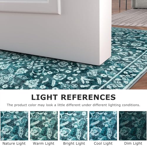 Vintage Entryway Rug Indoor, Teal Washable Rug 2x3, Small Area Rug with Non-Slip Backing, Floral Print Thin Faux Wool Super Soft Door Mat for Kitchen, Entrance, Bedroom, Office - color: Vintage Teal, size: 2' x 3' (Rectangular)