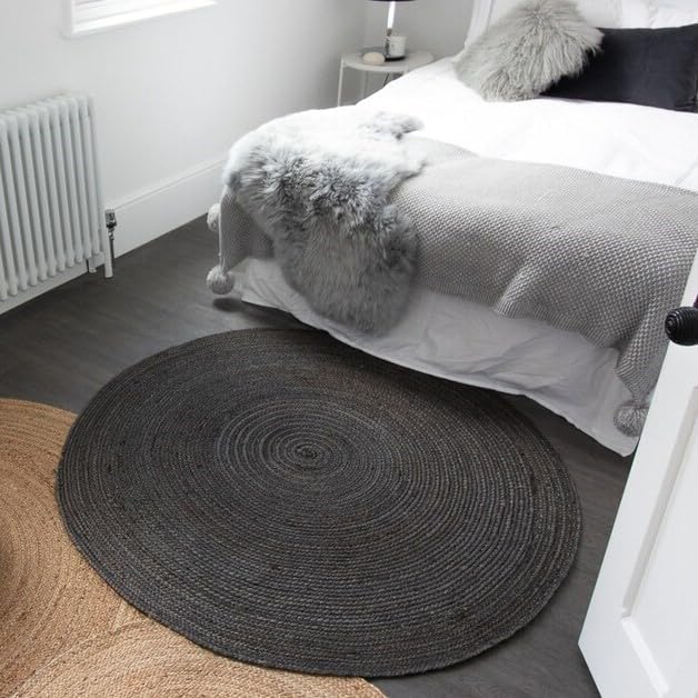FRELISH DECOR Handwoven Jute Area Rug - Black Round Rustic Vintage Braided Reversible Rug - Eco Friendly Rug for Bedroom - Kitchen - Living Room - Farmhouse (5' Round - Black)
