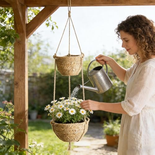 Double Layer Woven Hanging Planter, Boho Style Hanging Flower Basket, 2-Tier Macrame Holder for Indoor Home Garden Living Room Balcony Porch (Color B) - color: Color B