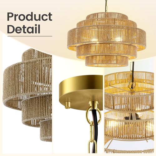 BoostArea 5-Tier Boho Chandelier Light Fixture,20" Hand Woven Pendant Lights Kitchen Island,Large Farmhouse Pendant Light for Kitchen,Dining Room,Hallway, Foyer - color: Gold & Brown