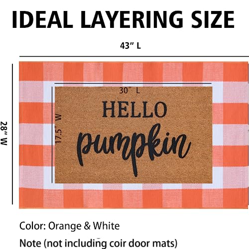 Orange and White Plaid Rug, 28'' x 43'' Fall Front Door Decor Mat, Cotton Washable Hand-Woven Door mat for Layered Doormat, Autumn Halloween Thanksgiving Carpet for Porch, Entryway - color: Orange & White Plaid, size: 2'4" x 3'7" (Rectangular)