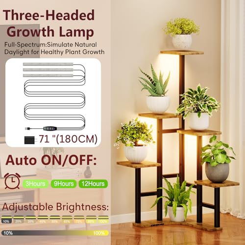 Yzosvki Corner Plant Stand Indoor with Grow Lights Set of 2, 6 Tiered Corner Plant Shelf Flower Stand for Multiple Plants, Plant Shelves Organizer Rack, Round Rustic Brown - color: Square-Rustic Brown(with Lights), size: 6 Tier-Set of 2