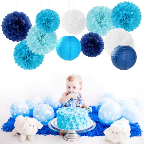 Blue-White Birthday Party-Decorations Paper-Flowers Lanterns - 15PCS Light Royal Tissue Pom Poms Streamers,Classroom Ocean Themed Baby Bridal Shower Bachelorette Wedding Hanging Supplies Decor Hugfond - color: Blue White