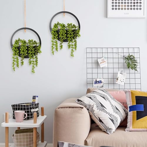 2 Pack Fake Plants Artificial Wall Hanging Plants, Boho Hanging Planter Fake Succulents Artificial String of Pearls in Black Wooden Pots with Lanyard for Home Office Wall Decoration - color: Black, size: 2 Pcs