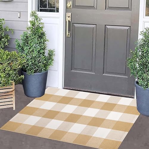 Front Door Mat Outdoor 24''x35''Khaki and White Washable Entryway Rugs Cotton Farmhouse Layered Doormat for Hello/Welcome Entryway,Porch,Bedroom,Bathroom - color: Khaki Buffalo, size: 24''x 35''