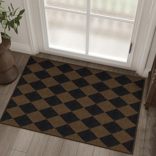 Rugalia Easy Jute Checkered Entryway Rug, 2x3 Coffee Modern Indoor Outdoor Doormat, Washable Non-Slip Neutral Small Kitchen Rug Farmhouse Diamond Throw Rugs for Entrance Bedroom Bathroom - color: Coffee Checkered, size: 2' x 3' (Rectangular)