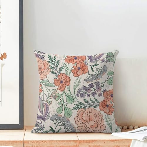 Boho Orange Flower Pillow Covers 18x18 Set of 2, Colorful Floral Outdoor Decorative Botanical Flowers Tropical Leaves Throw Pillows Retro Violet Floral Couch Cushion Case for Chair Sofa Bedroom - color: Vc9, size: 18" x 18" (Pack of 2)