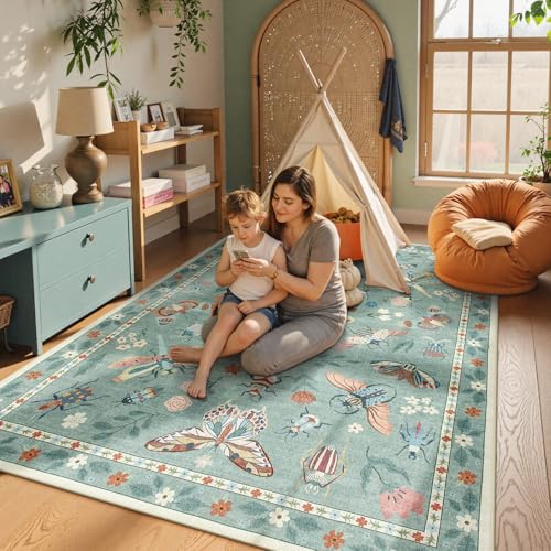 Beeiva Insect Print Washable Area Rug 6x9 for Bedroom Under Bed - Sage Green Non Slip Dining Room Rugs for Under Table, Stain Resistant Large Carpet for Living Room Kids Playroom Decor(6'x9',Green) - color: Light Green, size: 6' x 9' (Rectangular)