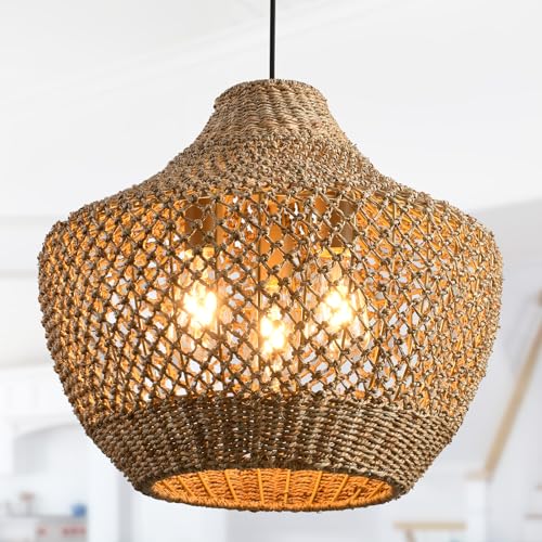 3-Lights Rattan Pendant Light,Boho Rattan Hand-Woven Hanging Light Fixture, Natural Seagrass Weaving Ceiling Chandelier for Kitchen Island Dining Living Bedroom Entry - color: Brown rattan, size: 3-light 18.9in